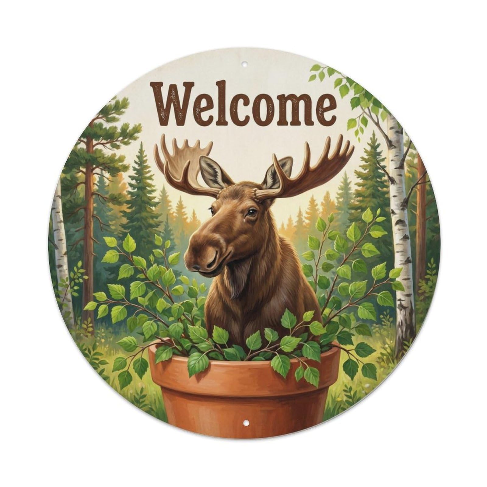 Okahys 8X8inch(20X20cm) Welcome Moose Birch Forest Metal Tin Sign
