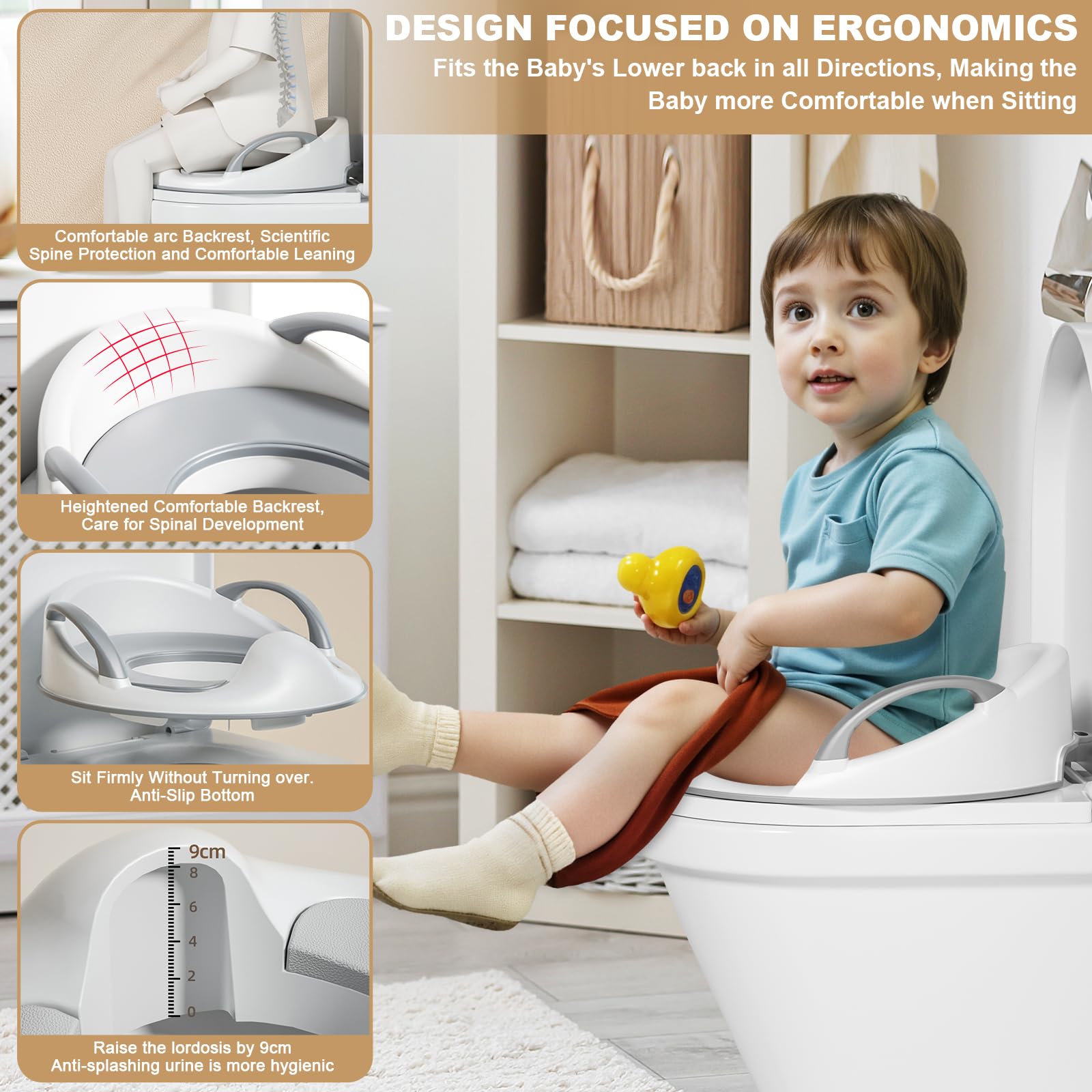 Réducteur Toilette Enfant,Adaptateur Toilette Enfant avec Poignée et Dossier,Réducteurs de Toilettes Antidérapante pour Garçons et Filles pour Bébé de 1 à 5 Ans(1Crochet 1Pinceau 2 Coussins)