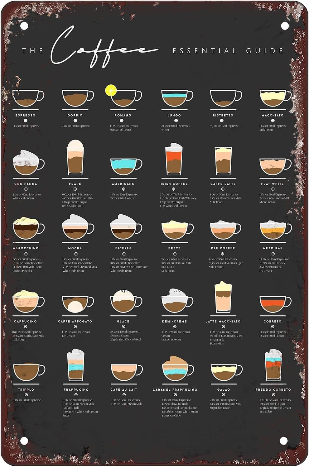 The Coffee Essential Guide Posters Prints Coffee Bar Sign Farmhouse Coffee Bar Decor Rustic Coffee Tin Sign Vintage Coffee Plaque For Coffee Decor Home Decorations 8x12 Inch
