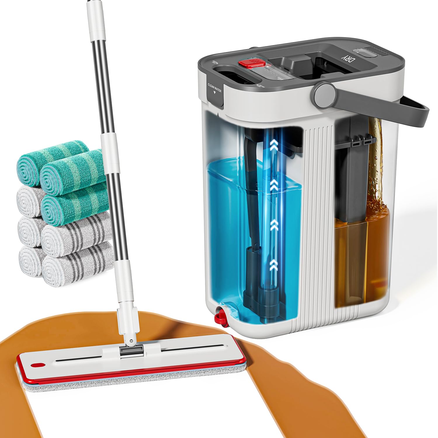 HoMettler Juego de fregona y cubo de 3 tanques con agua sucia y limpia separada, sistema de fregona plana y cubo con escurridor, trapeador de 65 pulgadas para limpieza de pisos, seguro para madera