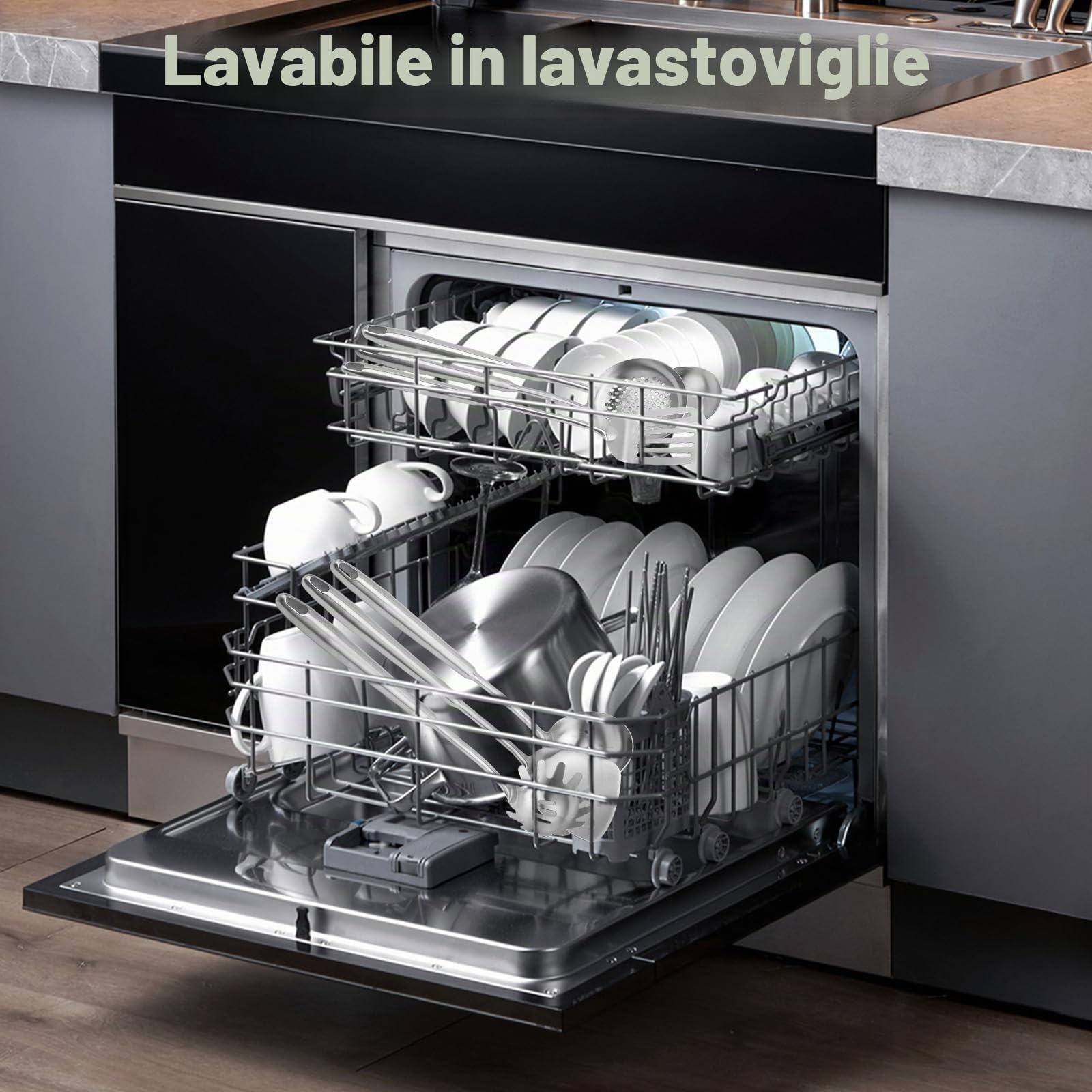 Set da 6 Utensili da Cucina in Acciaio Inossidabile | Resistenti Al Calore, Include Mestolo, Palette, Schiumarola E Cucchiaio Per Pasta, Lavabili In Lavastoviglie