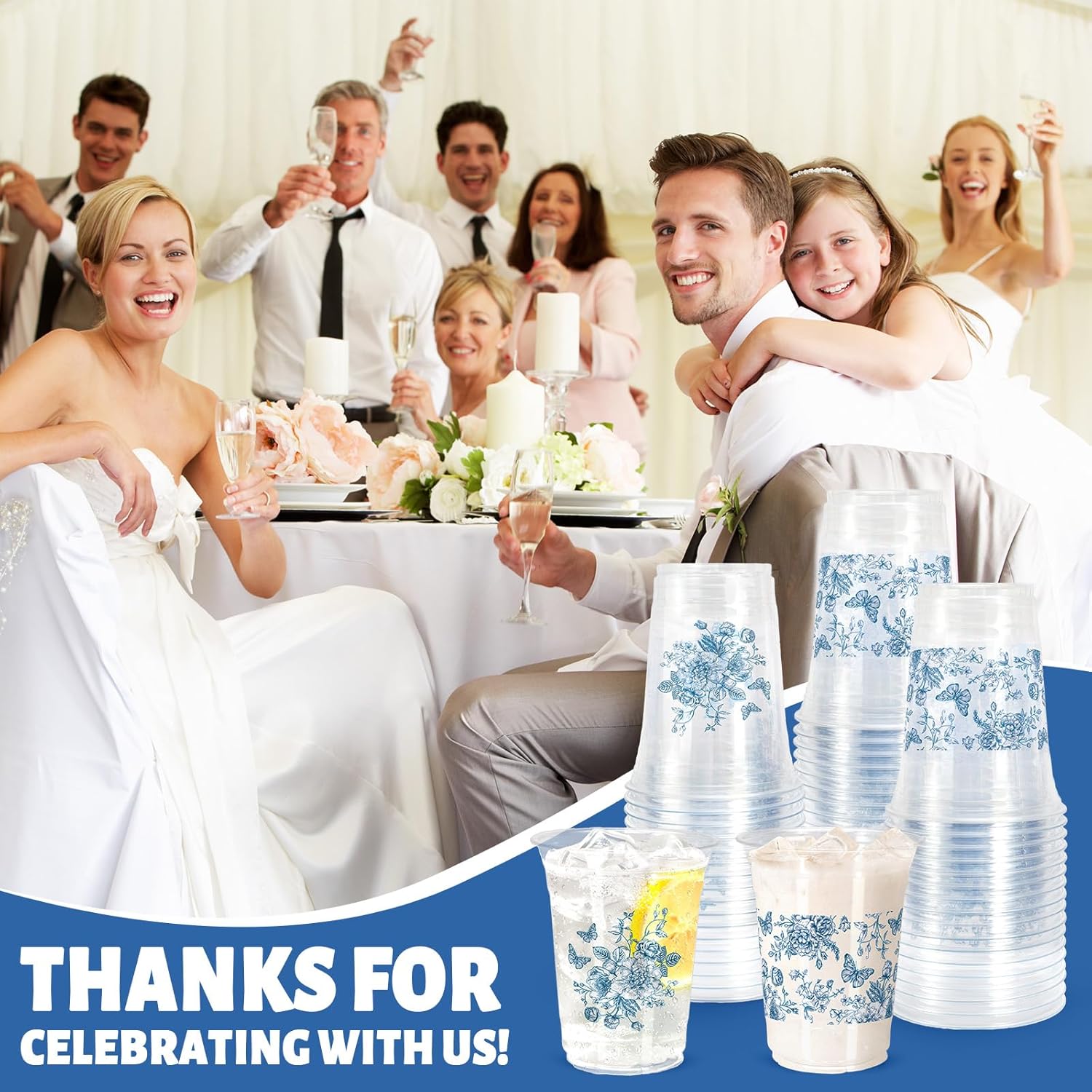 AnyDesign 50 Pcs Blue Floral Plastic Cups 16oz Clear Drinking Cups Chinoiserie Wildflower Butterfly Disposable Cup for Wedding Birthday Baby Shower Party Table Decor Supplies