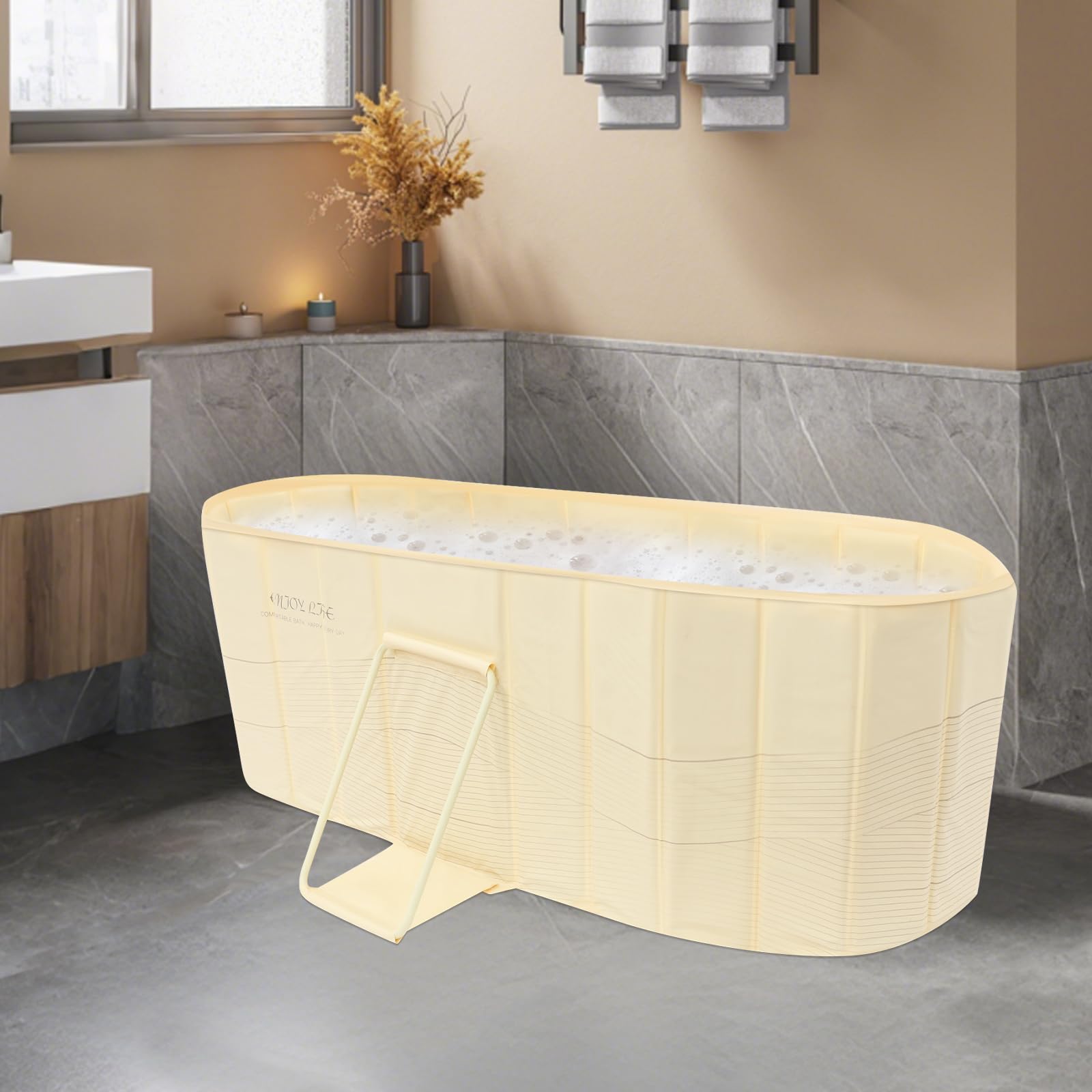 Vasca da bagno portatile pieghevole per adulti per casa, bagno di ghiaccio, sauna e doccia con vite di scarico e tubo, fino a 100 kg, fino a 175 cm, 150 x 55 x 50 cm (giallo)