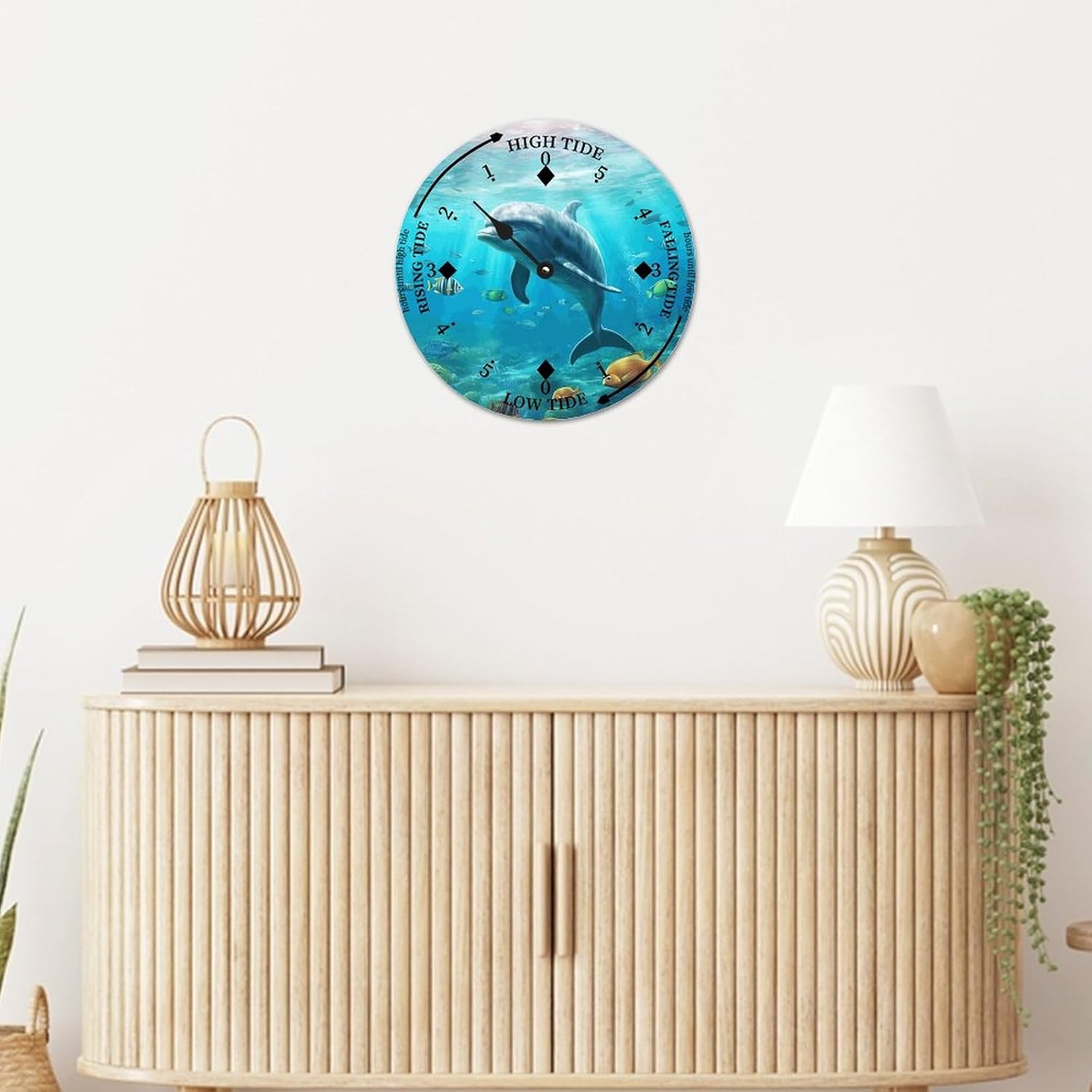 Cheyan Vintage Beach Time Tide Clock - Dolphin Tidal Clock Moon Clock Silent Non-Ticking Battery Operated Wooden Wall Clock for Cottage Beach Boat Living Room Bedroom Home Decor 12x12 in, Style