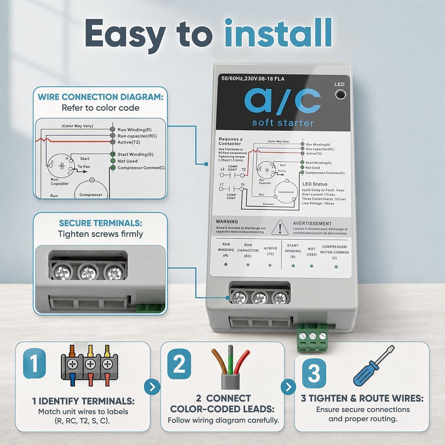 AC Soft Start Kit 08-16A for 1.75-3.5 Ton 230V HVAC Air Conditioner, Reduce Startup Current by 70% with Reverse Motor Protection, Quiet Start Soft Starter Module for Home, RV, Camper