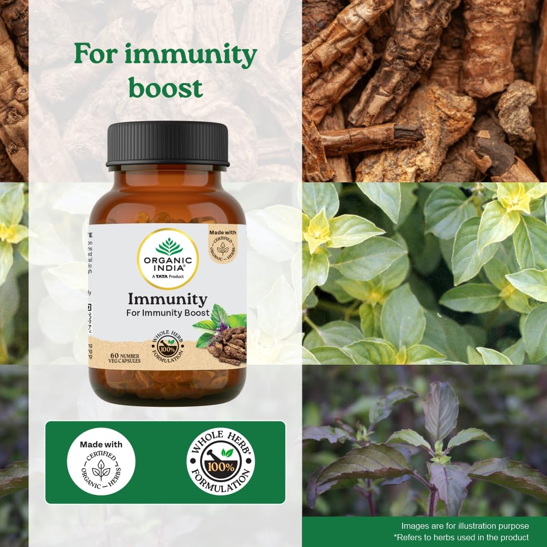 A TATA Product - Organic India Immunity - 60 Veg Capsules, Helps Boost Immune Response Against Illness, Relief From Cold, Cough, Flue & Other Respiratory Tract Infection, GMP & NPOP Certified Organic product image 2