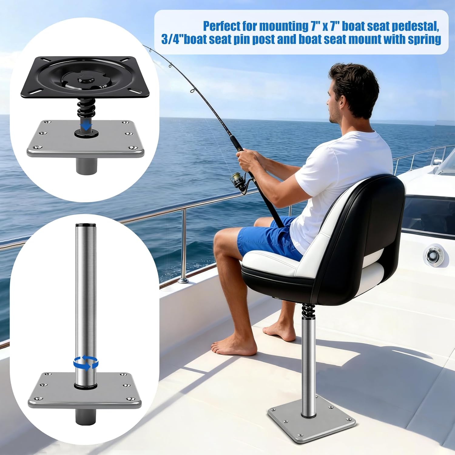 Boat Seat Pedestal Base Mount Kit 16" Extension Pole, 7"x7" Base Plate & 3/4" Lock-in Post for Fishing & Pontoon Boats