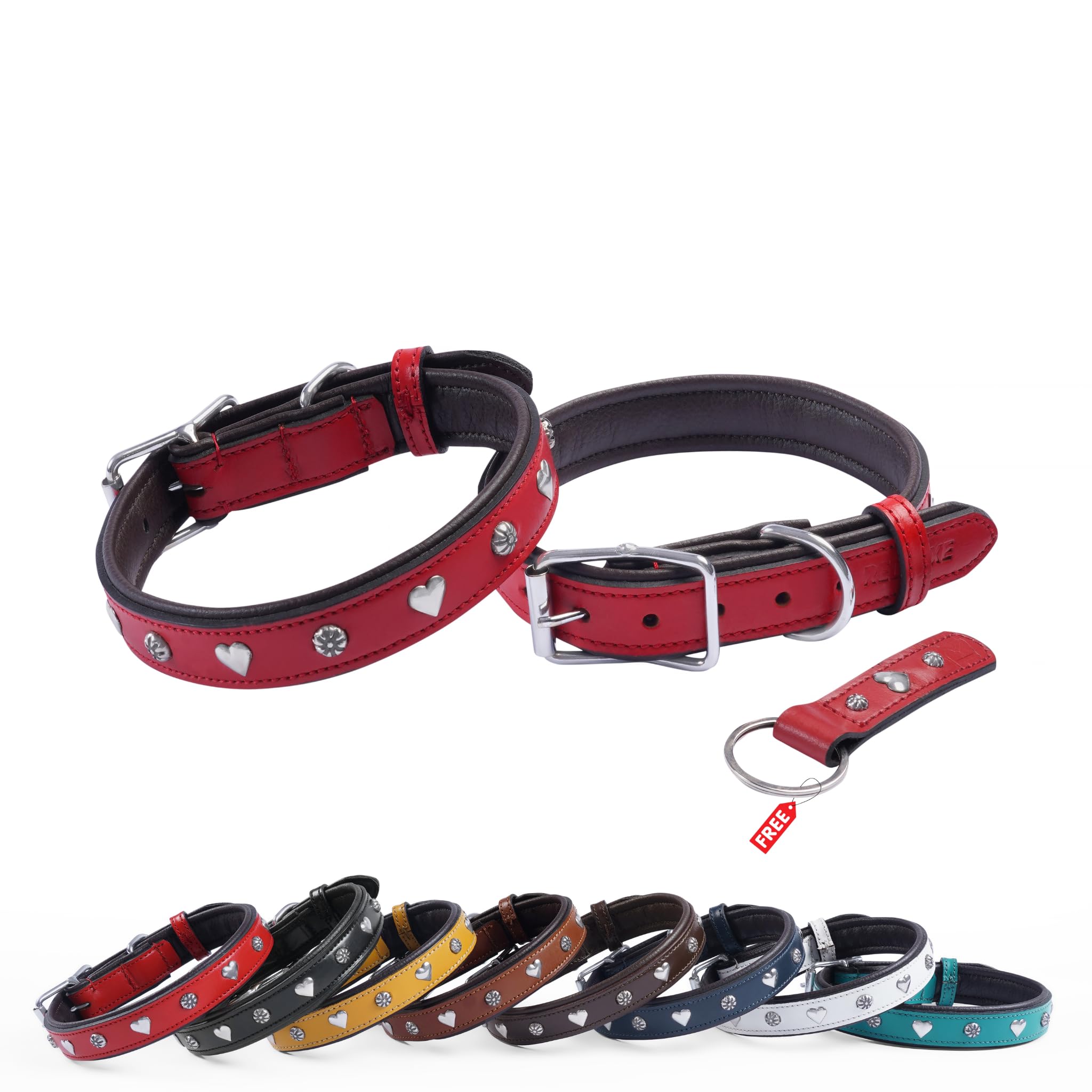 REDLUXE Genuine Leather Dog Collar with Heart Studs, Soft Padded Adjustable Pet Collar for Small, Medium & Large Dogs, Heavy Duty Metal Buckle (RED, XL)