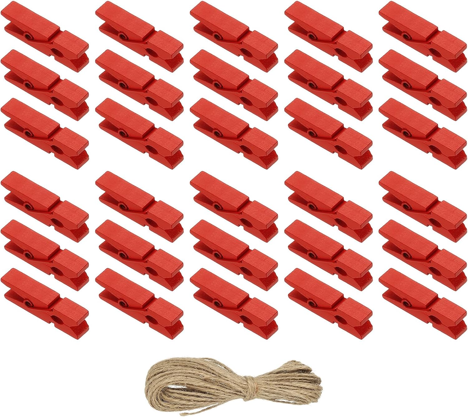 PATIKIL 1.4" Wooden Colored Clothes Pins, 100Pcs Mini Colorful Wooden Clothes Clips with 32Ft Jute Twine Strong Grip Photo Clips for Pictures Hanging Clothes Decorative Crafts, Red
