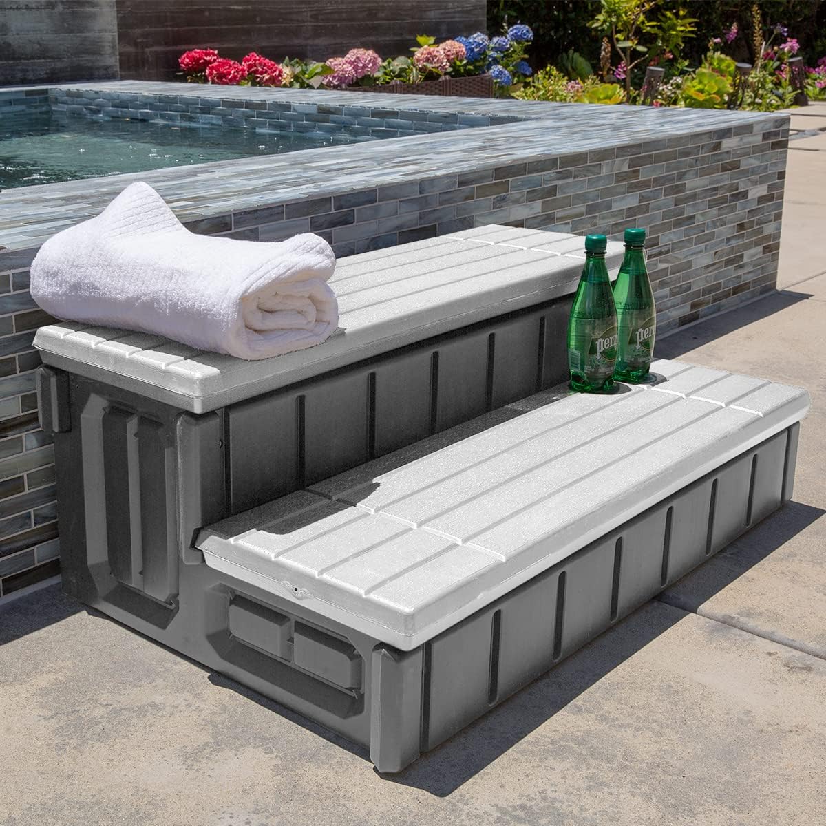 XtremepowerUSUniversal 2-Step Spa Step & Hot Tub Step with Storage Compartment Slip-Resistant Step, Grey/Brown