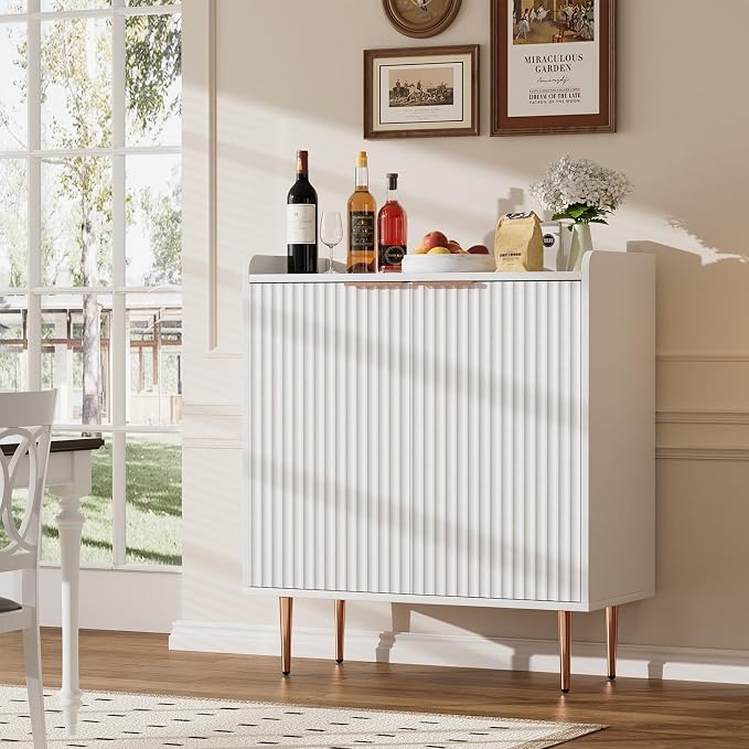 EOYUTLLY Coffee Bar Cabinet with Wine Rack & Glass Holder, Kitchen Sideboard Buffet Cabinet with Storage,Wine Bar Cabinet with Fluted Doors for Living Room Dining Room,White