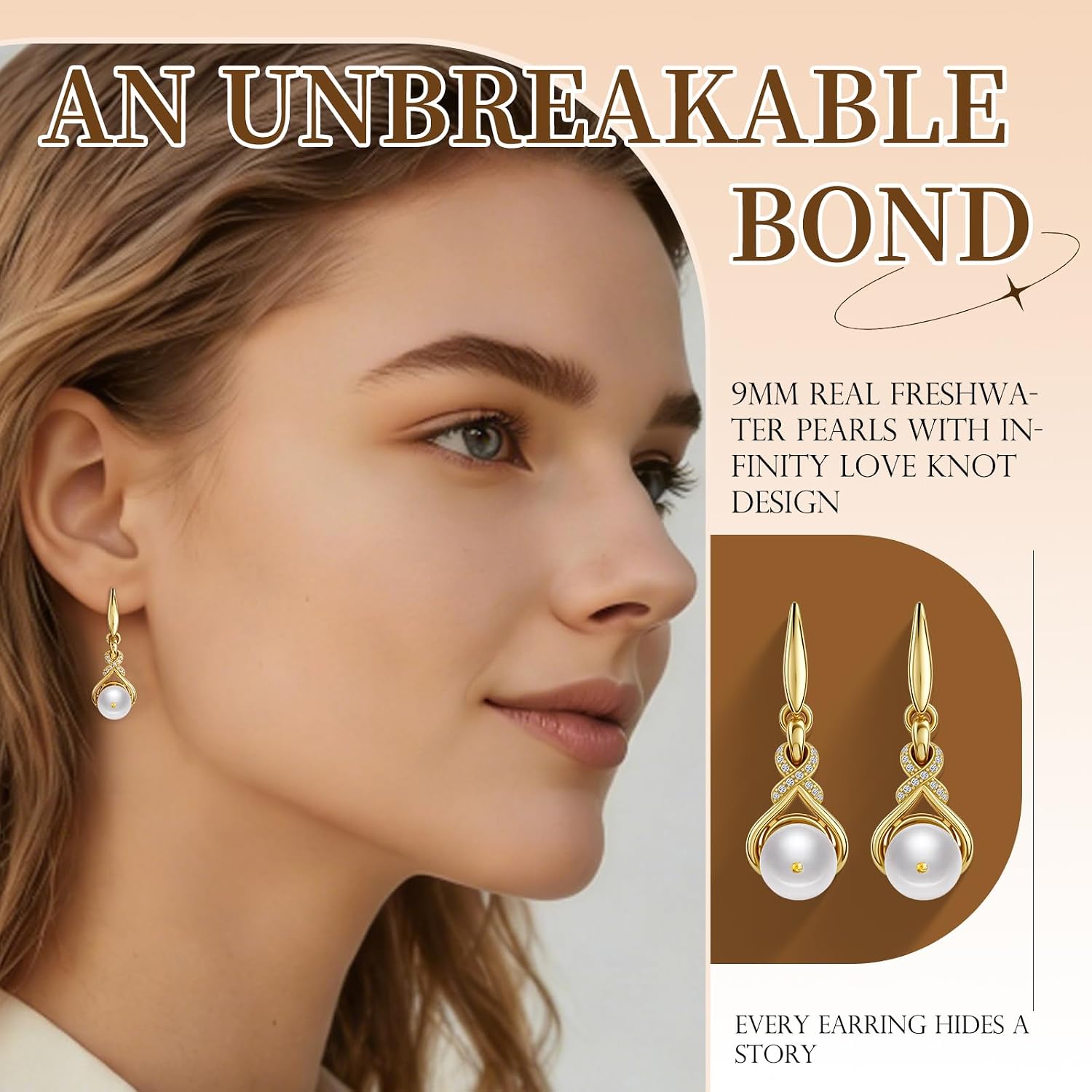 Pearl Drop Earrings for Women, 9mm Real Freshwater Cultured Pearls Dangle with 18K Gold Plated Infinity Knot, Hypoallergenic Jewelry Anniversary Birthday Mother's Day Gift for Her, Mom, Wife by Customchief