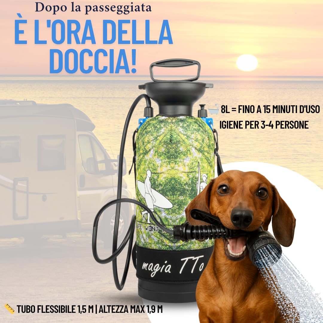 Doccia Portatile da Campeggio, Pompa Manuale 8L [Senza Elettricità] – Doccia per Camper, Viaggi, Spiaggia, Surf, Escursionismo, Cani e Animali Domestici – Facile da Trasportare