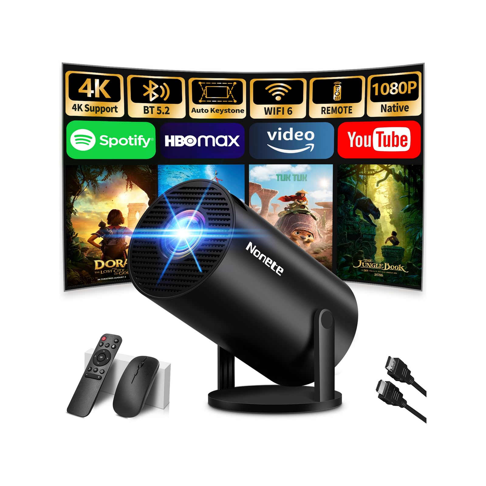 Mini Projector Support 4K 1080P FHD Auto Keystone 270° Rotatable with WiFi 6 and