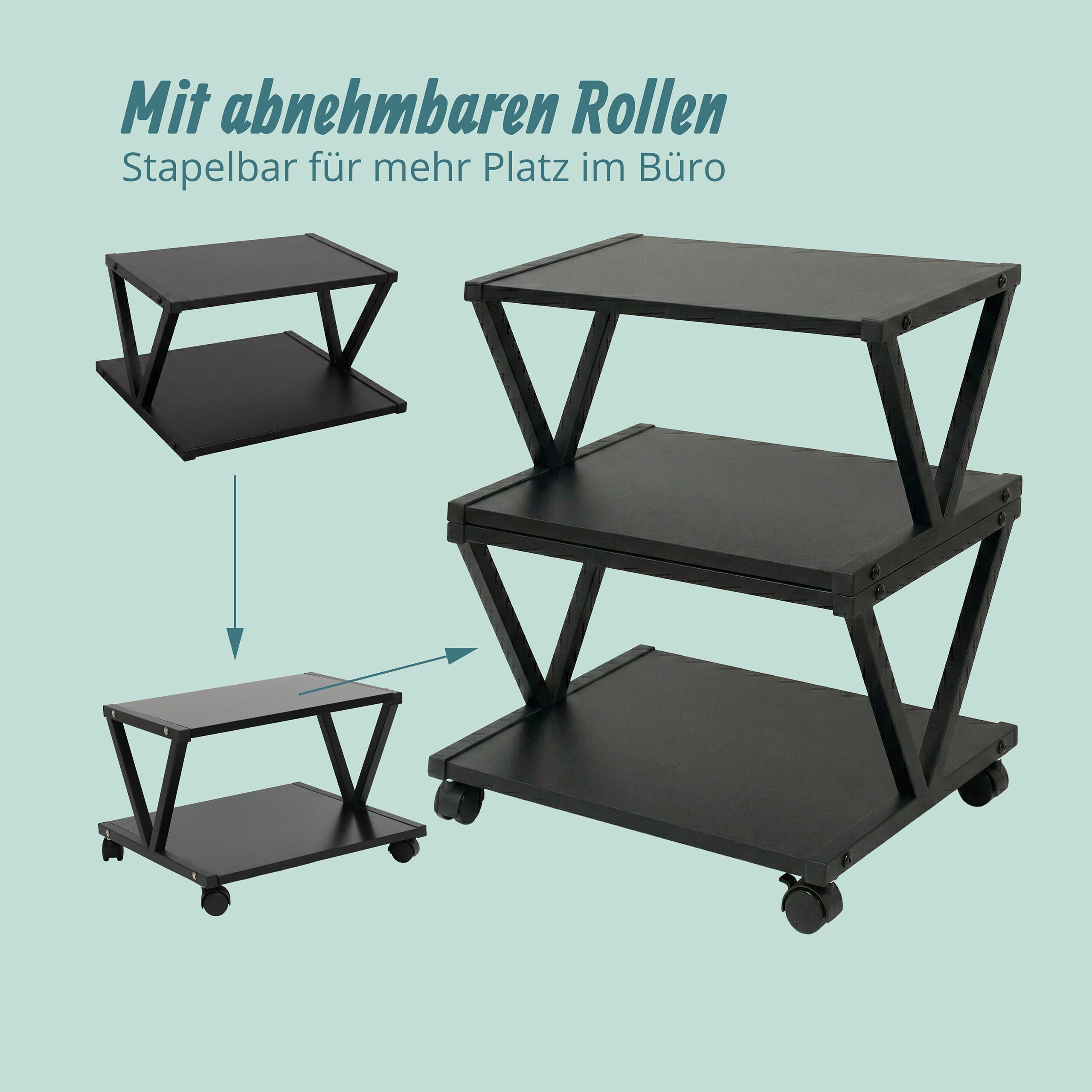 Relaxdays Druckerständer mit Rollen, 2 Ebenen, HBT: 28 x 44 x 28 cm, Rolltisch für Drucker, Büro, MDF & Metall, schwarz