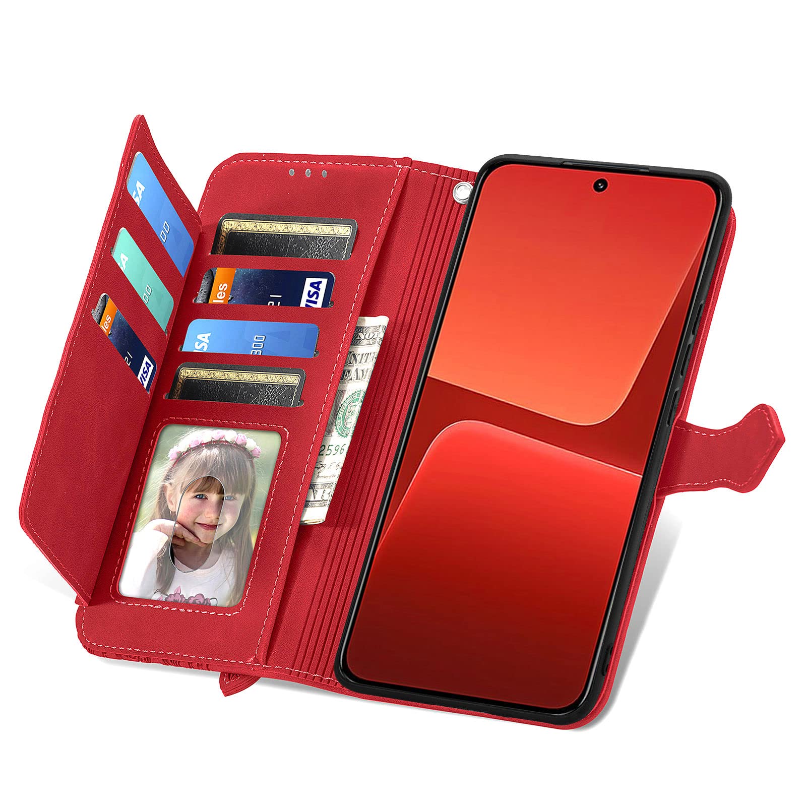 Custodia a Libro Cover Portafoglio per Xiaomi 13 5G Flip Case in Pelle Fiori Donna con Tasca Zip Porta Carte Laccio Supporto Antiurto - Rosso