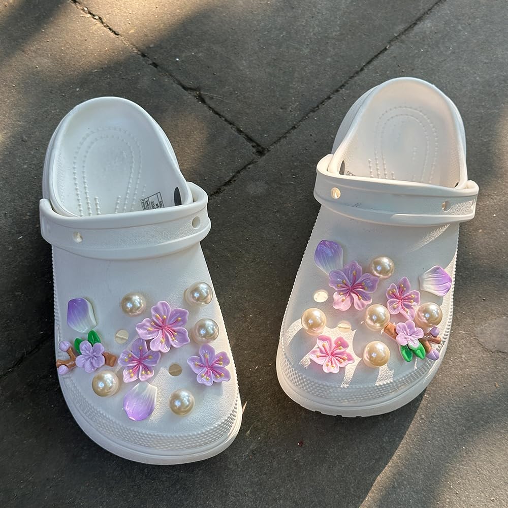 Womens Shoe Charms Cute Sweat Flower Shoes Decoration with Pearls Bling Girly Charm Cherry blossom Clog Shoes Accessories for Girl Women Friends Party Favors Birthday Gifts