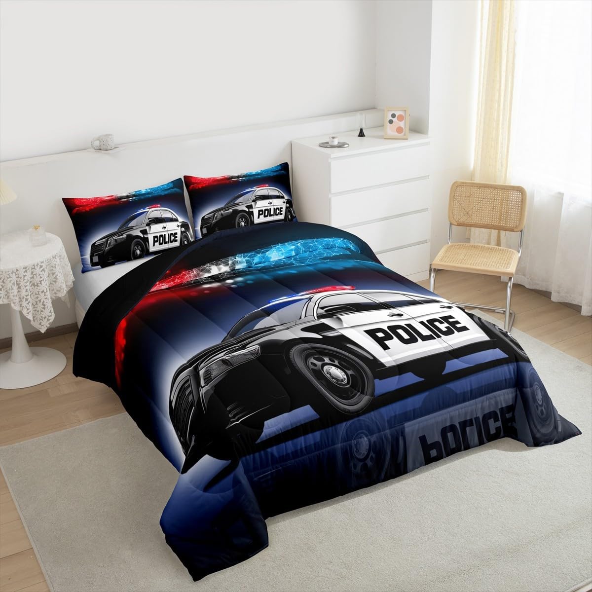 Erosebridal Police Car Comforter Sets Queen Size,Policeman Vehicle Bedding Set For Kids Boys Children,Red Blue Cop Lights Down Comforter Geometric Graphics Duvet Sets Bedroom Decor With 2 Pillow Cases
