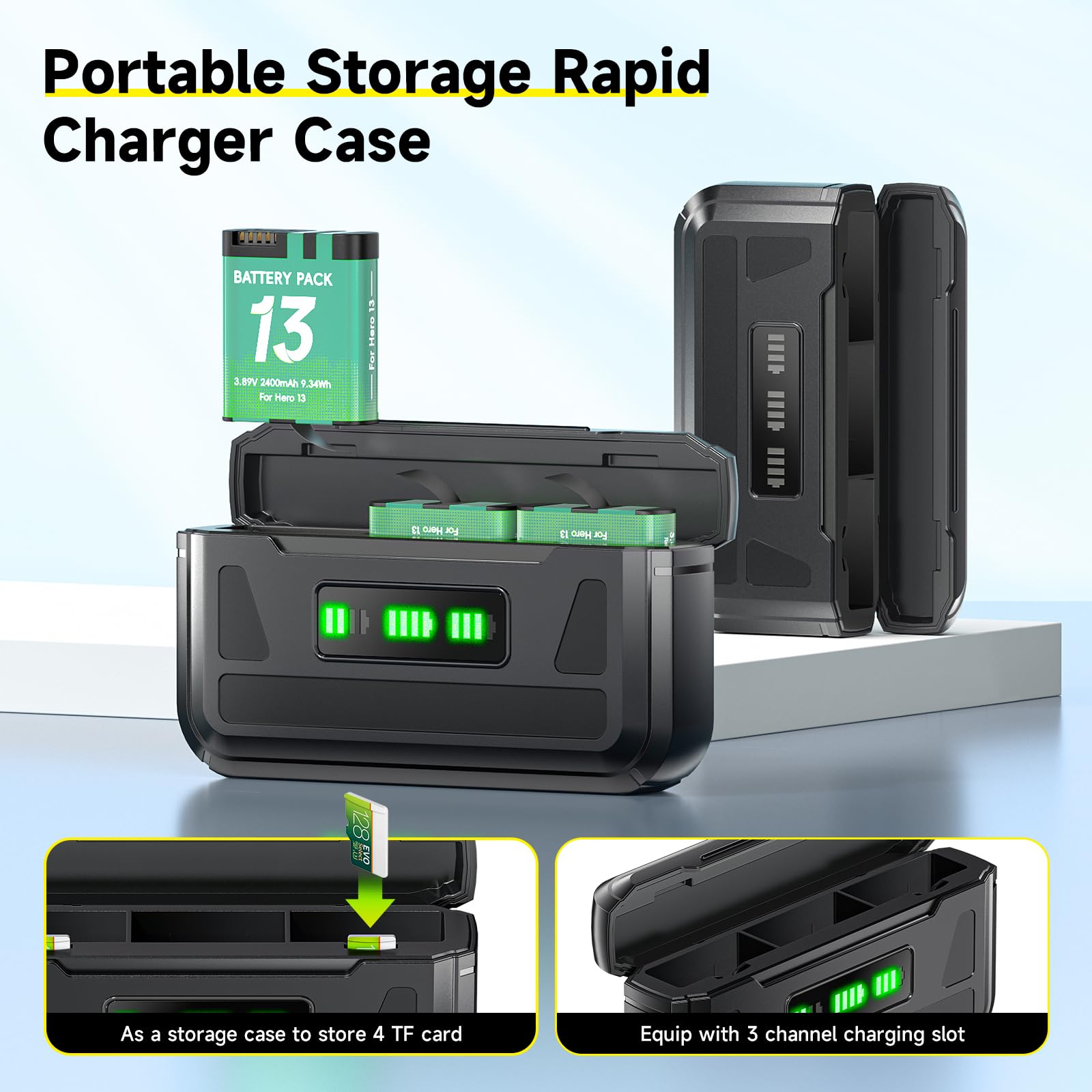CITYORK 3-Slot Chargeur et 3 Batteries de Rechange 2400 mAh compatibles avec la GoPro Hero 13, kit de Chargeur et Accessoires pour GoPro Hero 13 avec écran LCD et câble USB