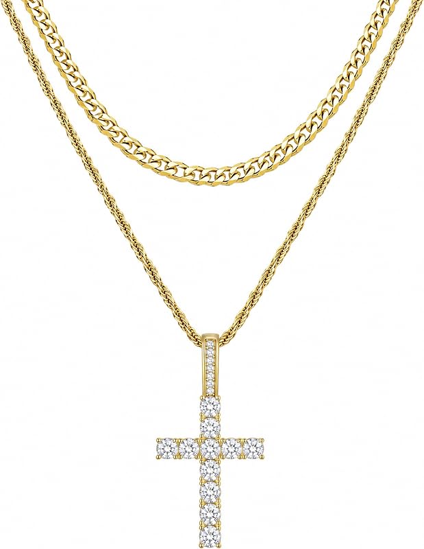 Fiusem Collar de Cruz en Capas para Hombre, Cadena Cubana y de Cuerda de Acero Inoxidable | Cadena para hombre chapada en oro de 14 quilates y tono plateado con colgante de cruz de circonita cúbica
