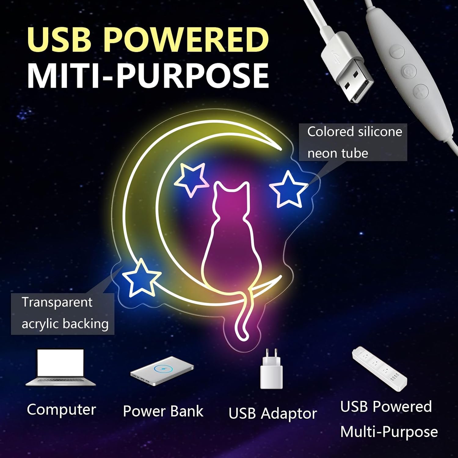 Moon Cat Neon Sign for Wall Decor USB Powered Led Cute Cat Moon Neon Light for Kids Bedroom Wall Decor Led Wall Art for Pet Shop Birthday Party Gift for Kids(14inch*12inch) - Image 7