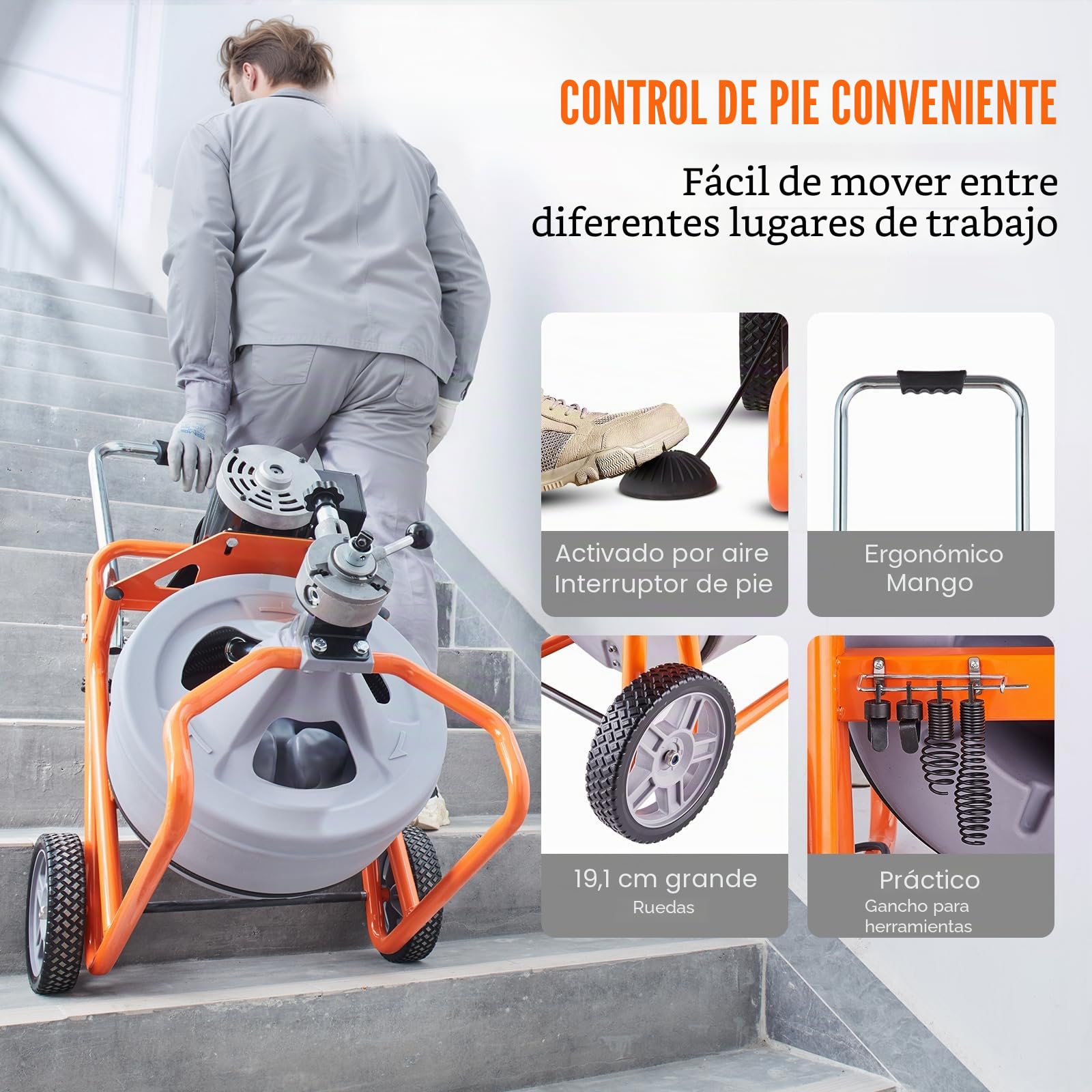 VEVOR Desbloqueador de Tuberías Eléctrico Máquina de Limpieza de Tuberías 22,8m x 1,27cm Limpiador de Tubos de Drenaje con Alimentación Automática Accionamiento Neumático para Tuberías de 5-10 cm
