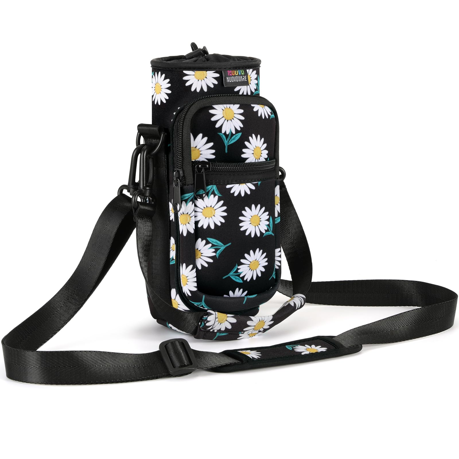Nuovoware Water Bottle Carrier Bag, 750ml Bottle Pouch Holder, Adjustable Shoulder Hand Strap 2 Pocket Sling Neoprene Sleeve Sports Accessories for Hiking Travelling, BlackDaisy — image 1