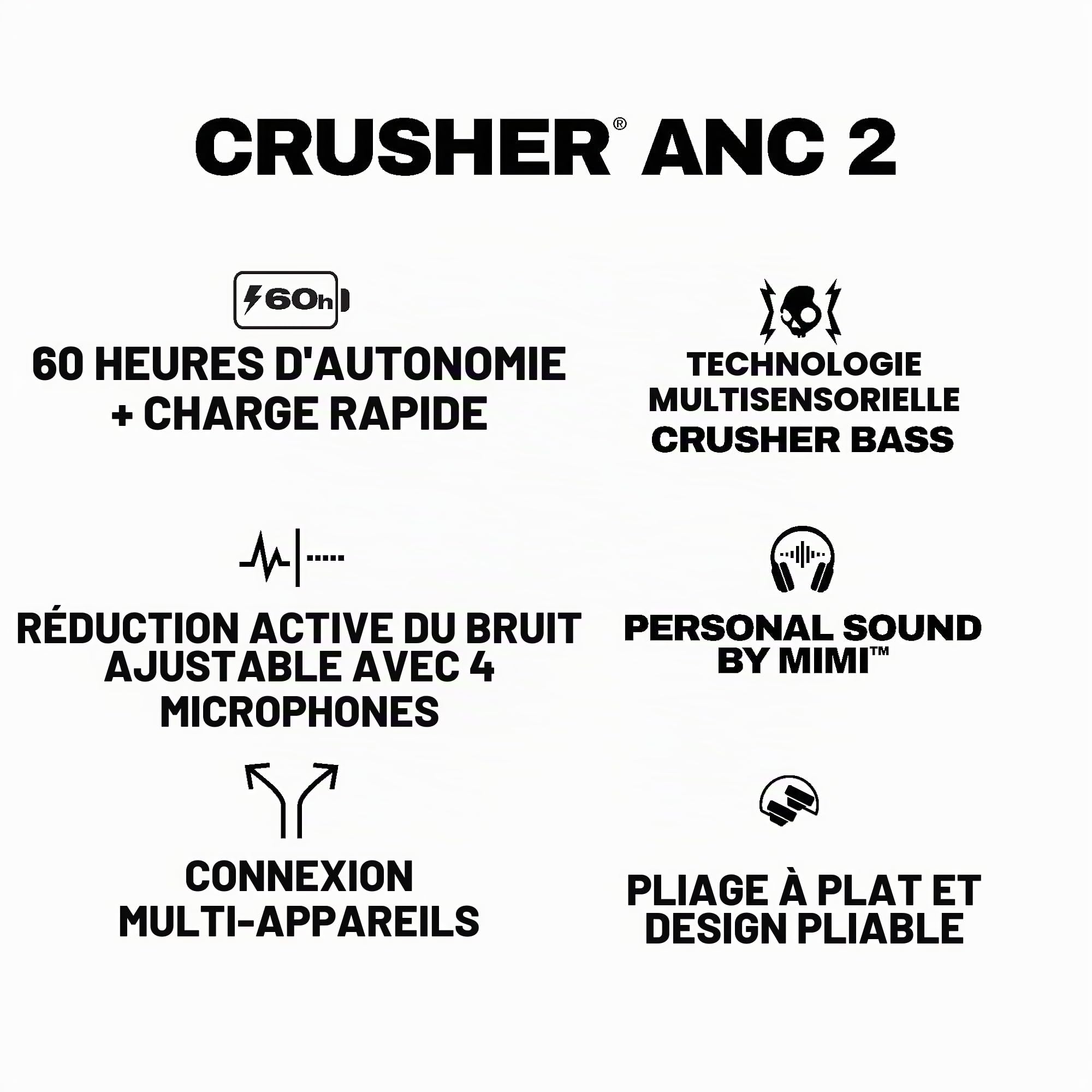 Skullcandy Crusher ANC 2 Casque Circum-Auriculaire Bluetooth sans Fil, Câble USB-C Supplémentaire, Basses Multisensorielles, Suppression Active du Bruit, 60 Heures d’Autonomie - Blanc | Multi-Sensory Crusher Bass, Over-Ear Fit, Bluetooth, 60 heures Batter