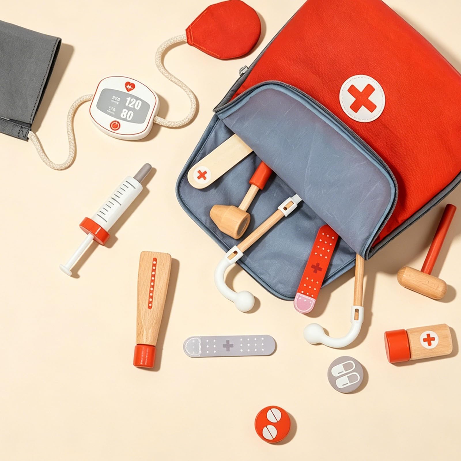 Set medico rosso in legno di simulazione kit educativo di simulazione medica con valigetta medica per gioco di ruolo e sviluppo dell'apprendimento precoce