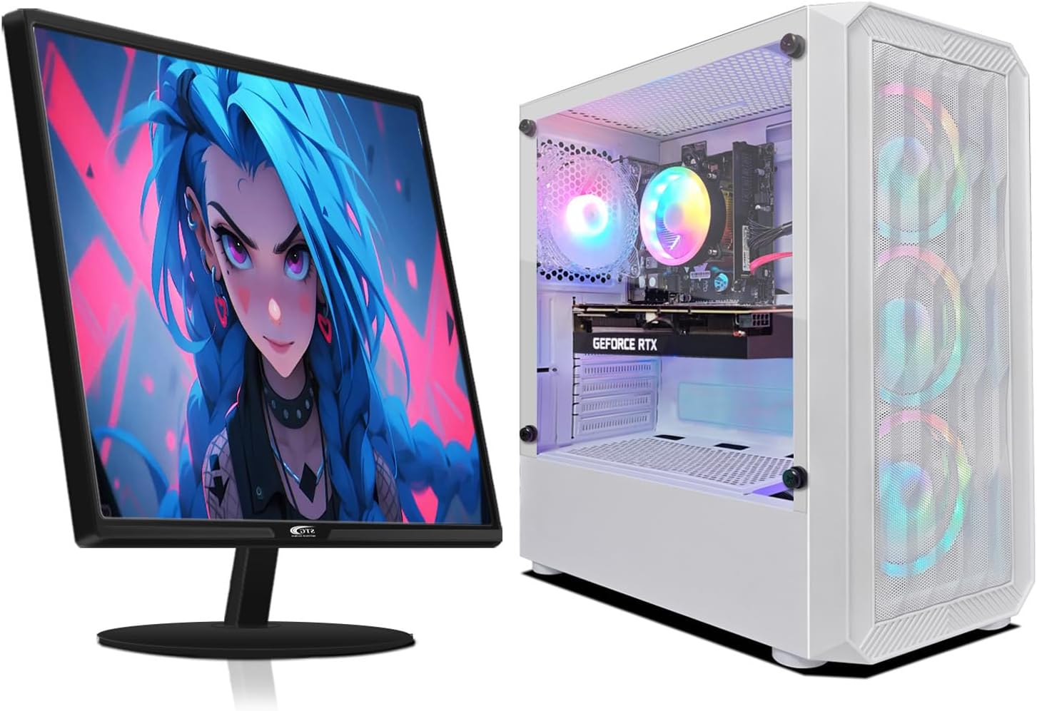 STGAubron Gaming PC Bundle with 24Inch FHD LED Monitor-Radeon RX 580 16G, AMD Ryzen 5 2600 up to 3.9GHz, 16G DDR4, 512G SSD, RGB Fan x 4, Windows 11 Home
