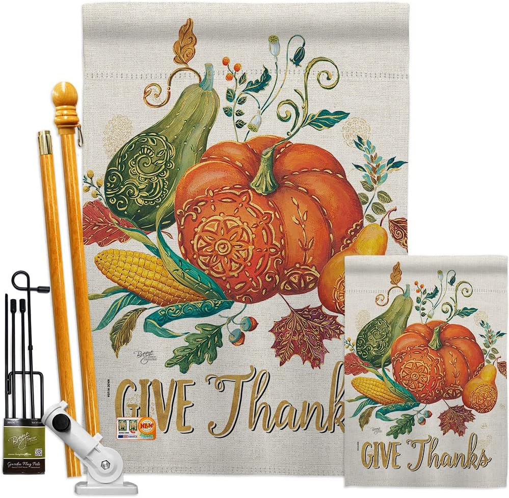 Suzani Give Thanks House Flag Falltime Thanksgiving Turkey Gobble Pumpkin Season Autumntime Cornucopia Small Decorative Gift Yard Banner Made In USA 28 X 40