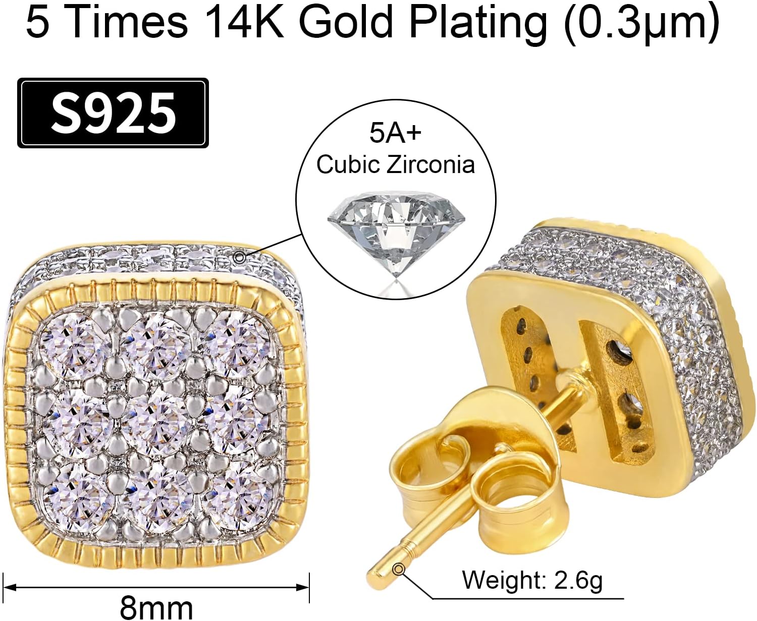 VEXXS S925 Diamond Stud Earrings for Men, 14K Real Gold Plated Iced Out Earrings Micro Pave 5A CZ Stones Men’s Studs, Hypoallergenic 925 Sterling Silver Studs - Image 2
