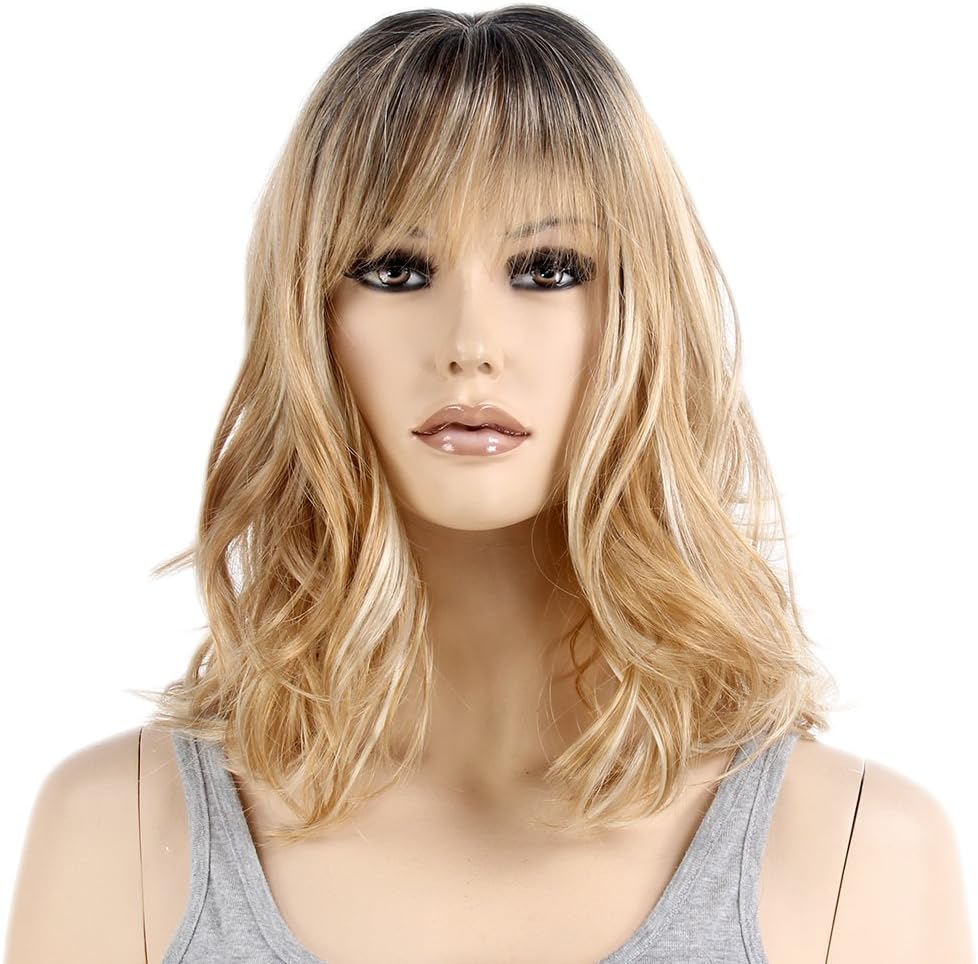 STfantasy Balayage Blonde Ombre Wig Mid Length Natural Wave Synthetic Hair for Women Fancy Dress