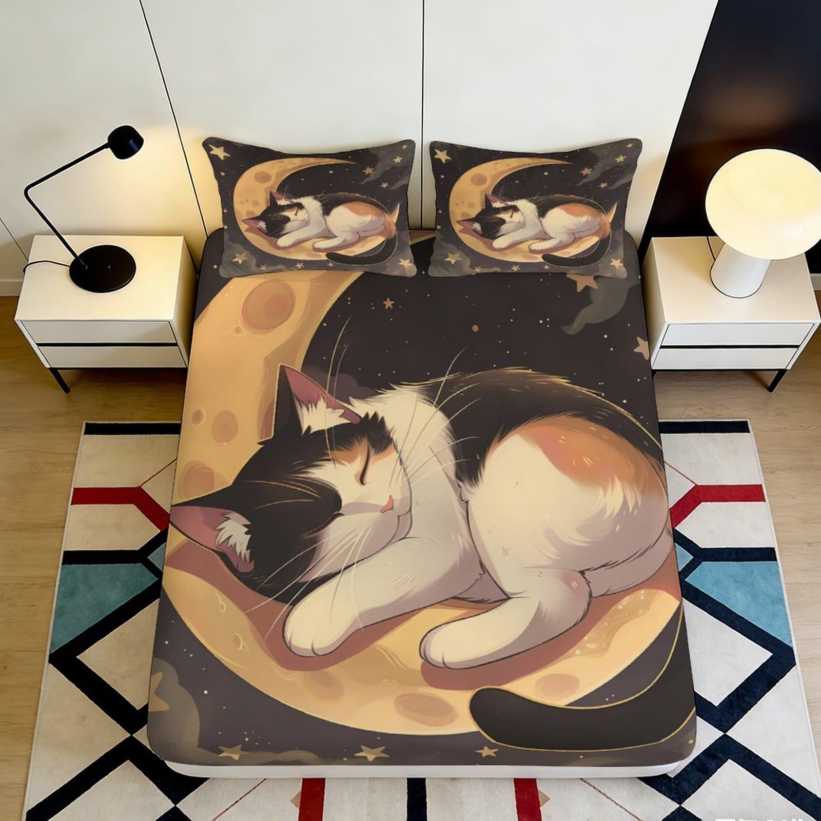 3D Printed Sleeping Cat Fitted Sheet Microfiber Soft Breathable Moon Black White Mattress Cover for Bedroom Dorm Decor 90x200x25cm