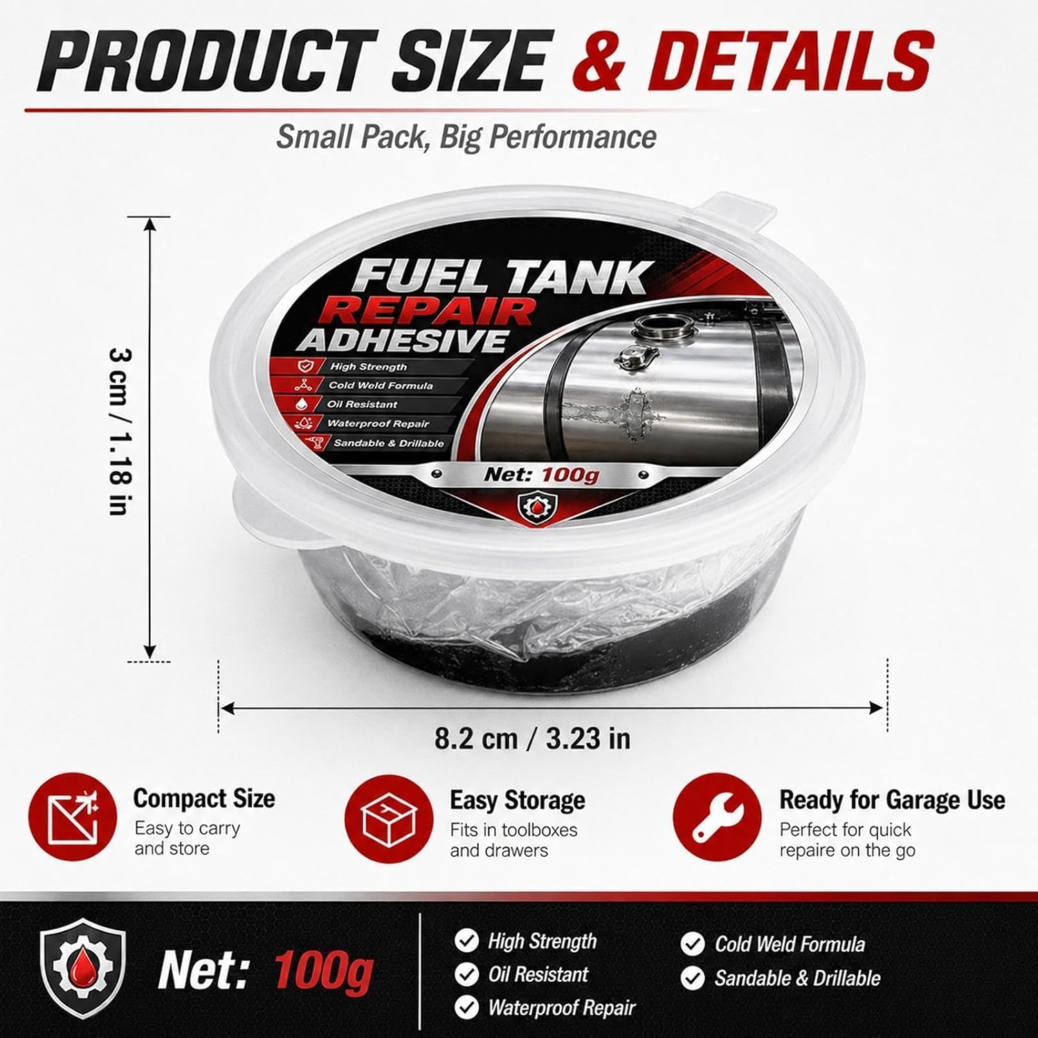 Gas Tank Adhesive - 100g Strong Adhesion Sealant,Gas & Water Tank Repair Adhesive - for Truck Car Solar Heaters Easy Dly Fix Small Holes Cracks Split Seams