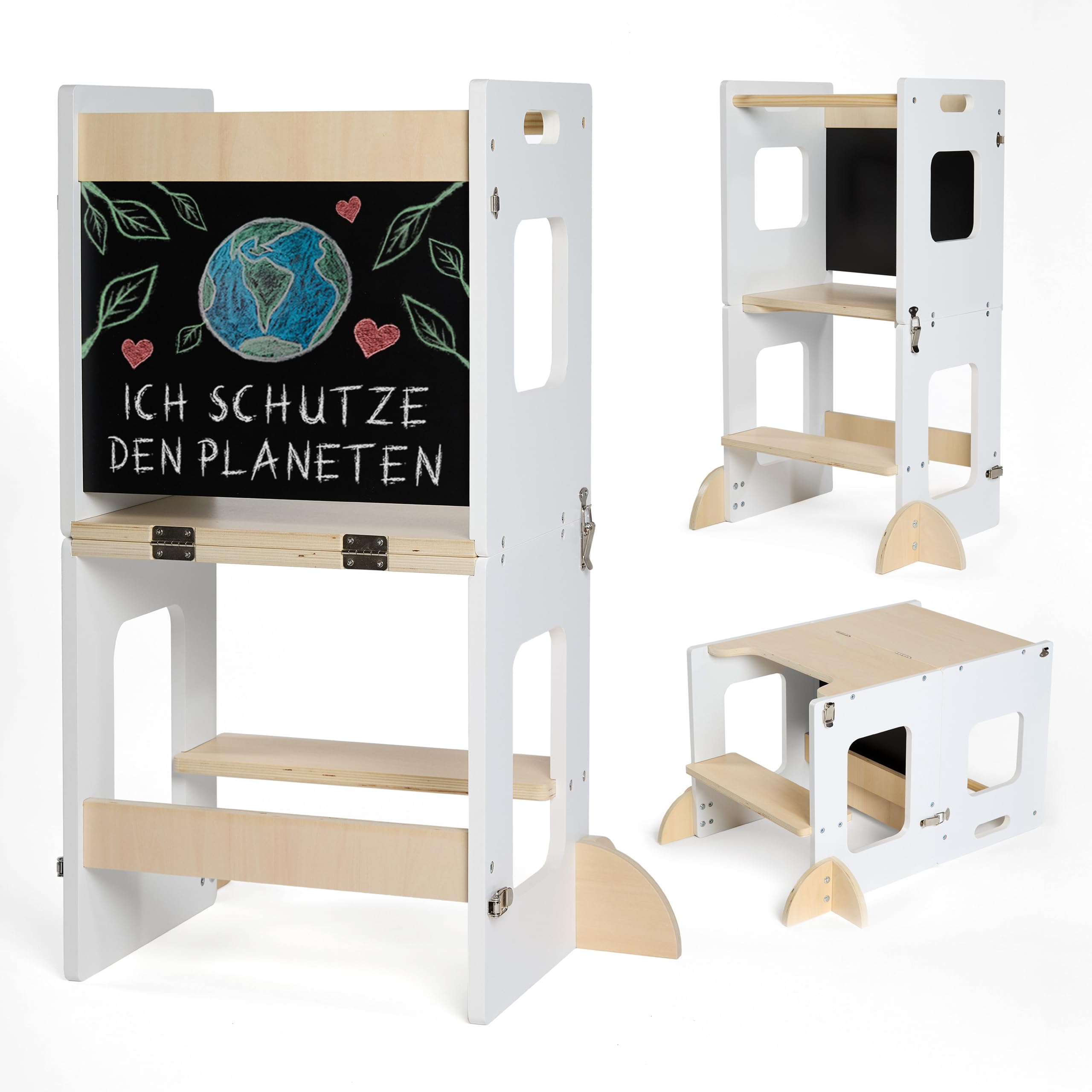 KYWAI® Lernturm ab 1 Jahr – Lernturm Klappbar 3 in 1 mit Tafel – Learning Tower für Kinder – Faltbar mit Sicherheitsfüßen – Aus Nachhaltigem Holz – Stabiler Montessori-Hocker für Zuhause