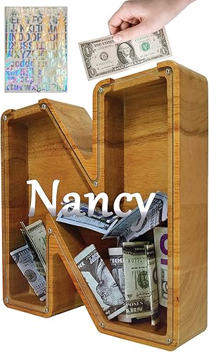 Vista 201 de Alcancía personalizada con nombre grabado láser, banco de almacenamiento de letras del alfabeto creativo, juguete de madera personalizado con letras