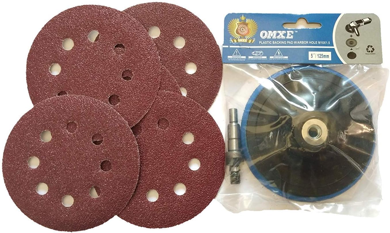 OMEX Recycled Plastic Sanding Disc, 5-Inch with Lock Nut and 10 Pieces Sandpaper for Grinder/Drill