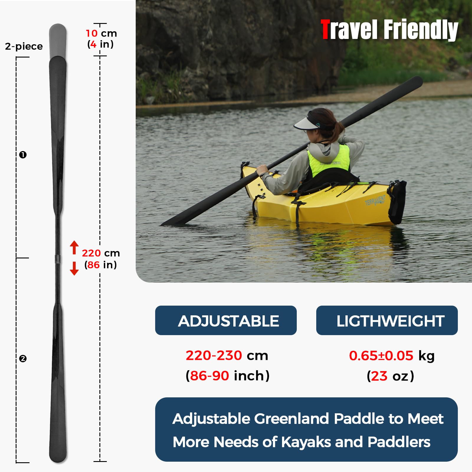 Greenland Paddel aus leichter Kohlefaser mit Paddeltasche, verstellbares Grönland-Kajak-Paddel, 220-230 cm