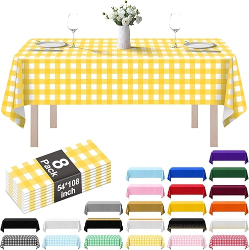Vista 32 de Paquete de 8 manteles de plástico de 54 x 108 pulgadas, manteles desechables para mesas de 6 a 8 pies, mantel rectangular para mesas para fiestas