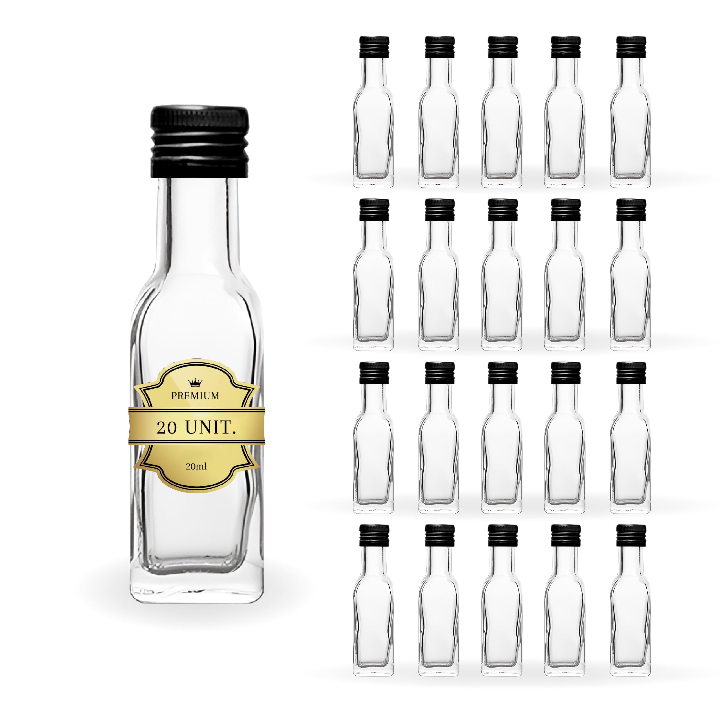 Espirito Rebelde 20 Mini Bouteilles en Verre 20ml avec Bouchon a Vis Noir | Mignonnettes Alcool 2cl, Petites Fioles Échantillons | Idéal pour Cadeaux, Mariages