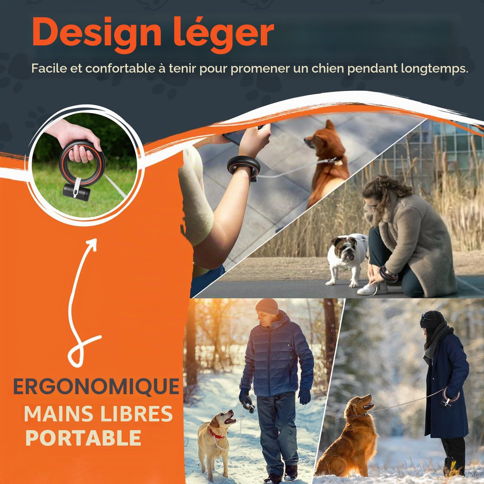 UFO Laisse rétractable à 360° sans enchevêtrement à Une Main avec verrou de Pause et Support pour Sac à déjections Canines - Ruban en Nylon Solide Mains Libres - pour Chiens de Taille Moyenne
