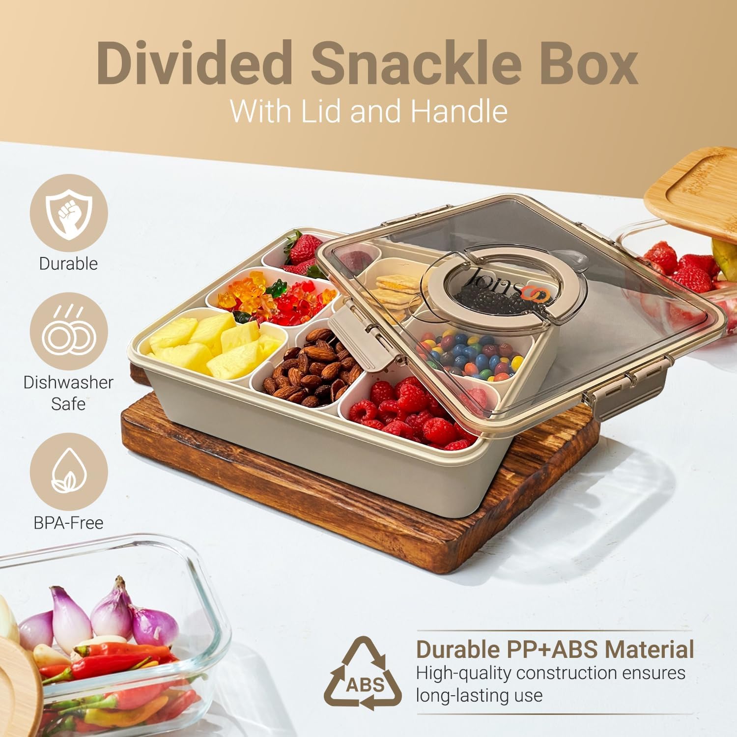 Snackle Box Container, Divided Serving Tray with Lid and Handle – Dishwasher Safe Charcuterie Board and Snack Organizer for Beach Picnics, Refrigerator Storage, Parties, Holidays, and Travel