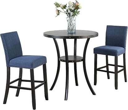 Roundhill Furniture Biony 3-Piece 36 Round Espresso Bar Table with Nail Head Stools, Blue
