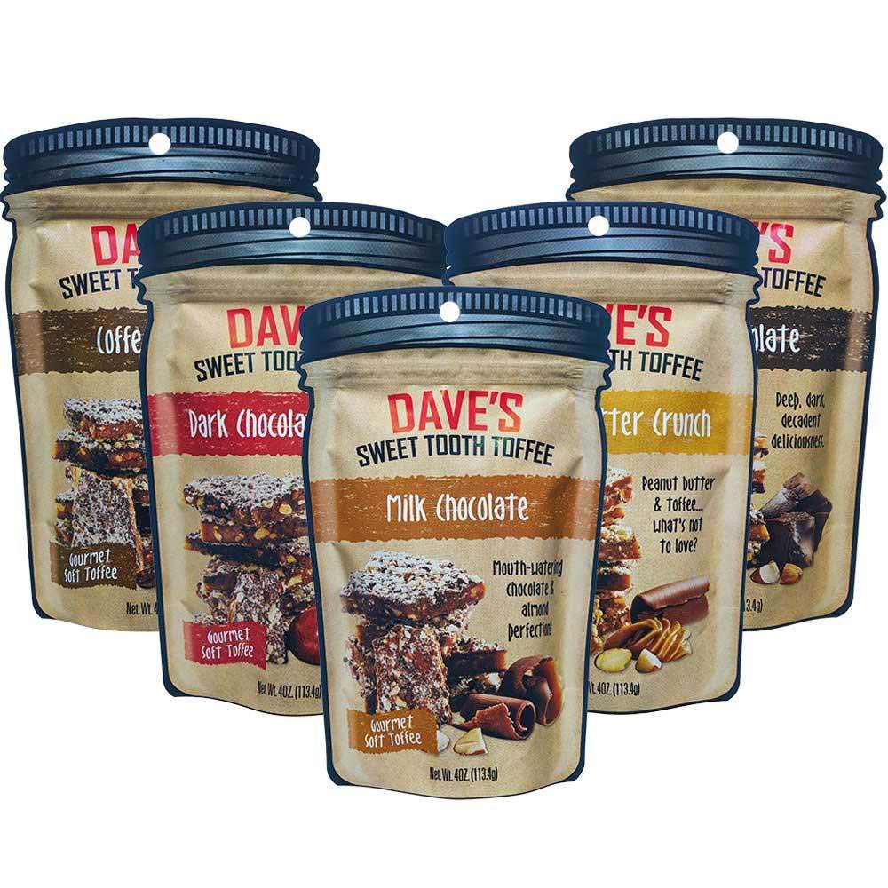 Dave's Sweet Tooth Toffee Variety Pack, Milk Chocolate, Dark Chocolate, Coffee, Peanut Butter, Dark Chocolate Cherry Flavors, 4oz Resealable Bag, 5
