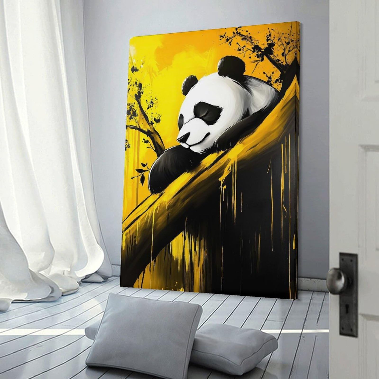Junmoney Frame-Style-24 Canvas Wall Decor Sleeping Panda In Yellow, 12X18inch(30X45cm), For Restful Interiors, Bedrooms Or Small Rooms, Canvas Wall Decor For Personal Spaces