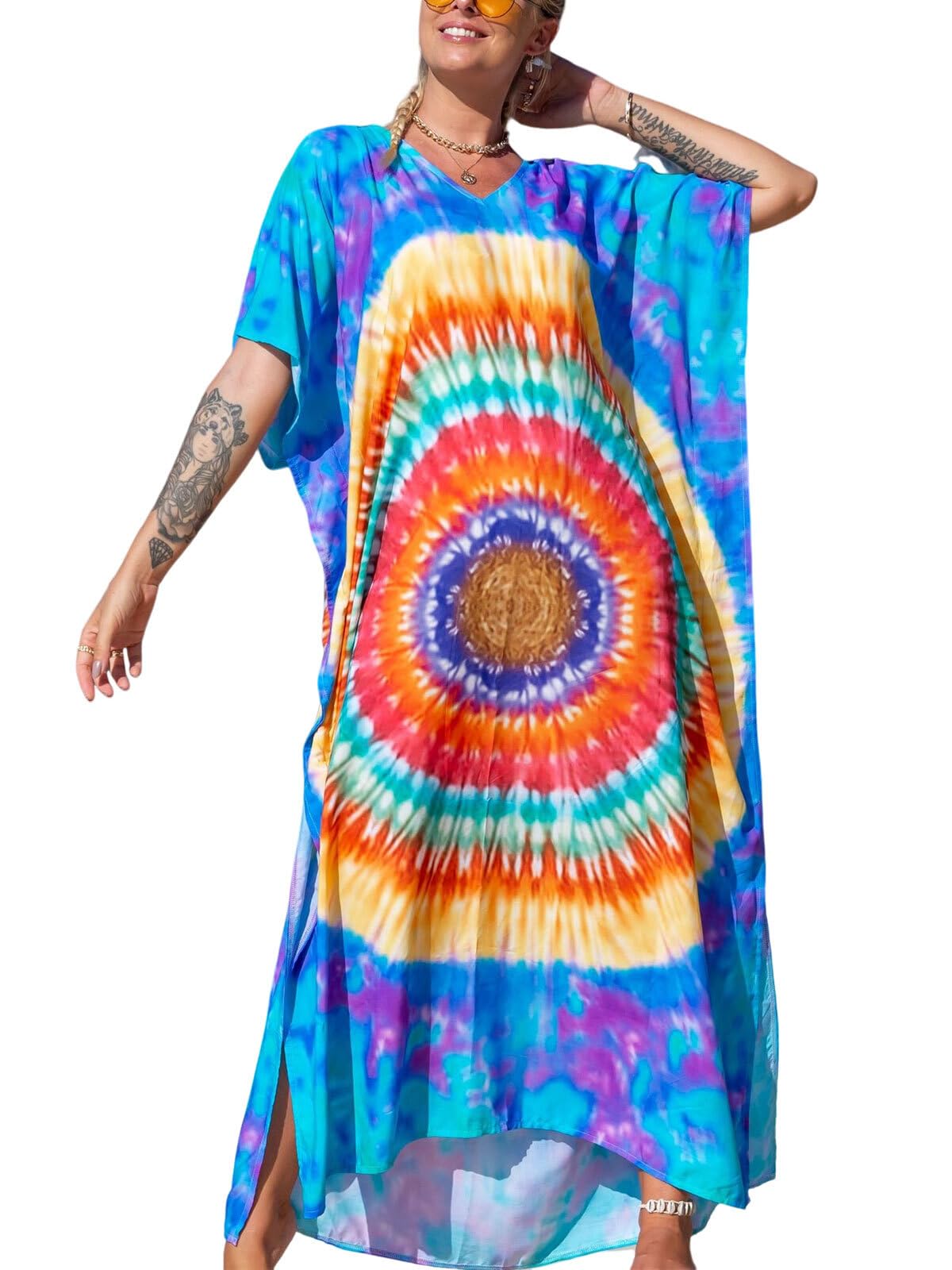 IMAGEKOPE Women's Plus Size Moroccan Print V-Neck Batwing Kaftan Loose Fit Beach Dress Bathing Suit Cover Up