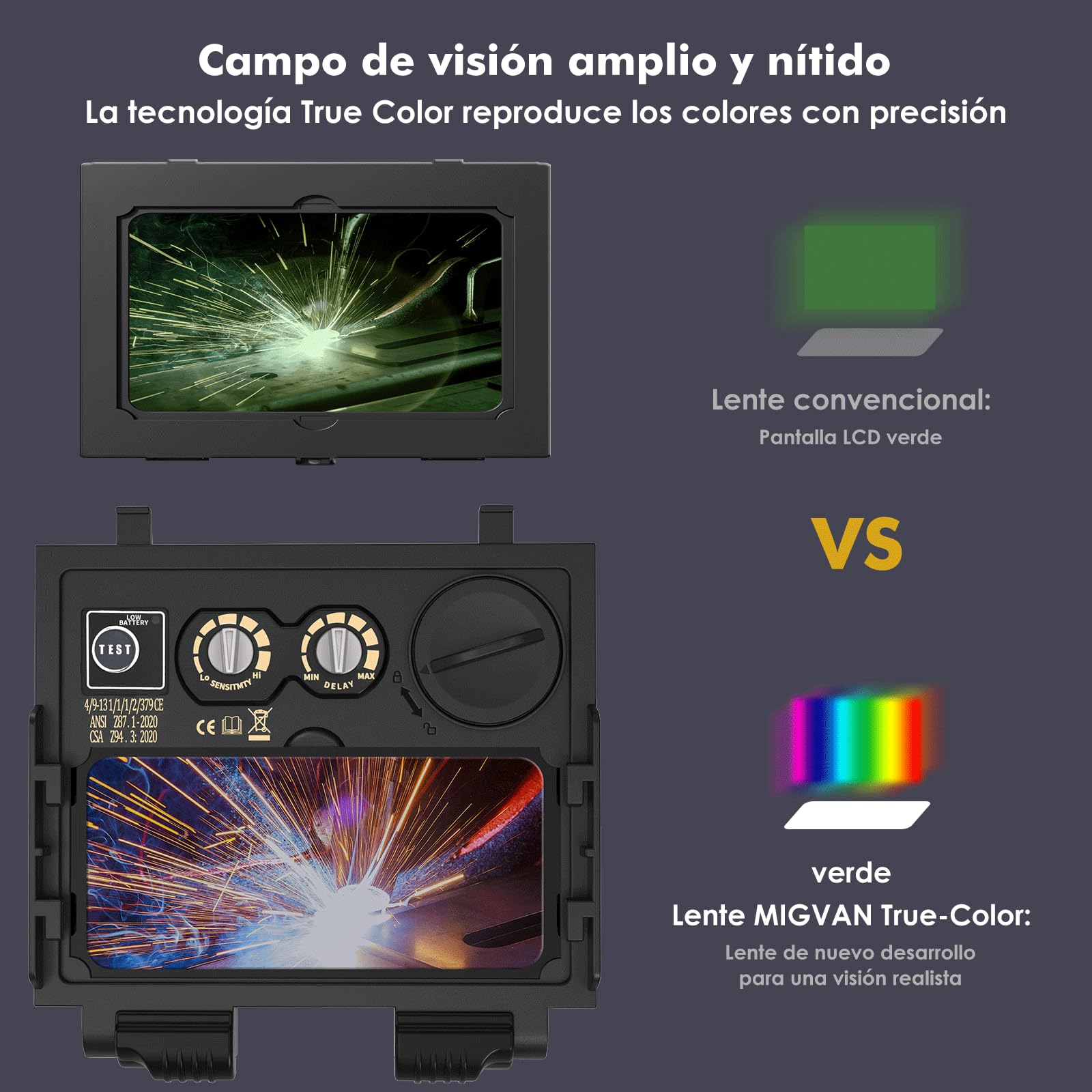 Careta Soldar Automática True-Color – 0,3 ms de oscurecimiento, Solar y batería, Careta de soldar, DIN 4/9–13, 93×43 mm – Máscara soldar Ligera para MIG TIG MMA ARC, H-11
