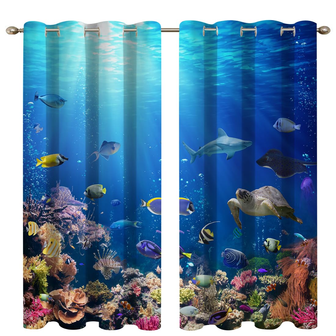 goodbath Blackout Curtains for Bedroom Underwater Ocean Sea Life Animal Tropical Fish Eyelet Curtains for Kids Living Room Nursery 2 Panels