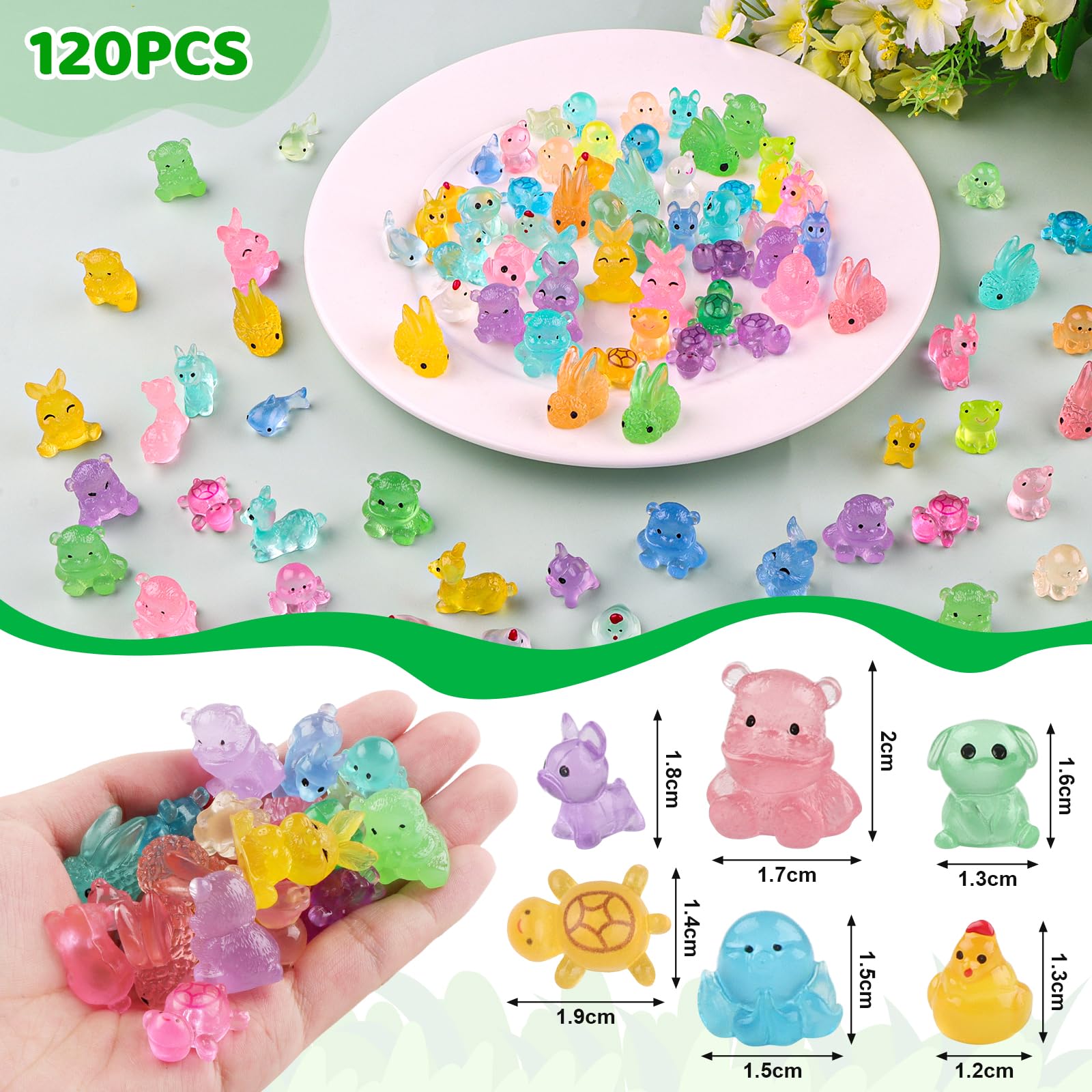 DXLing 120 Pcs Mini Glow Resin Animals Luminous Miniature Resin Animals Mixed 12 Styles Mini Animal Figures Glow in the Dark Tiny Toy ResinAnimal Figures with Stickers for Garden Dollhouse Decoration - Image 2